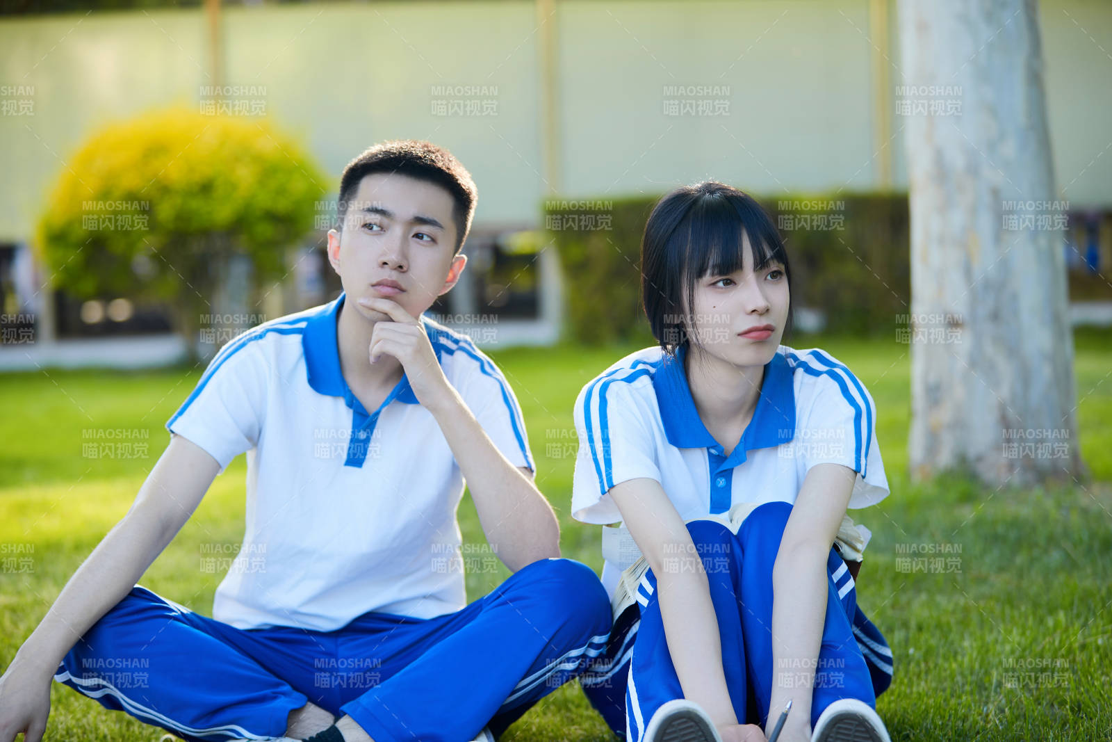 校园户外草坪上备战高考的高中生