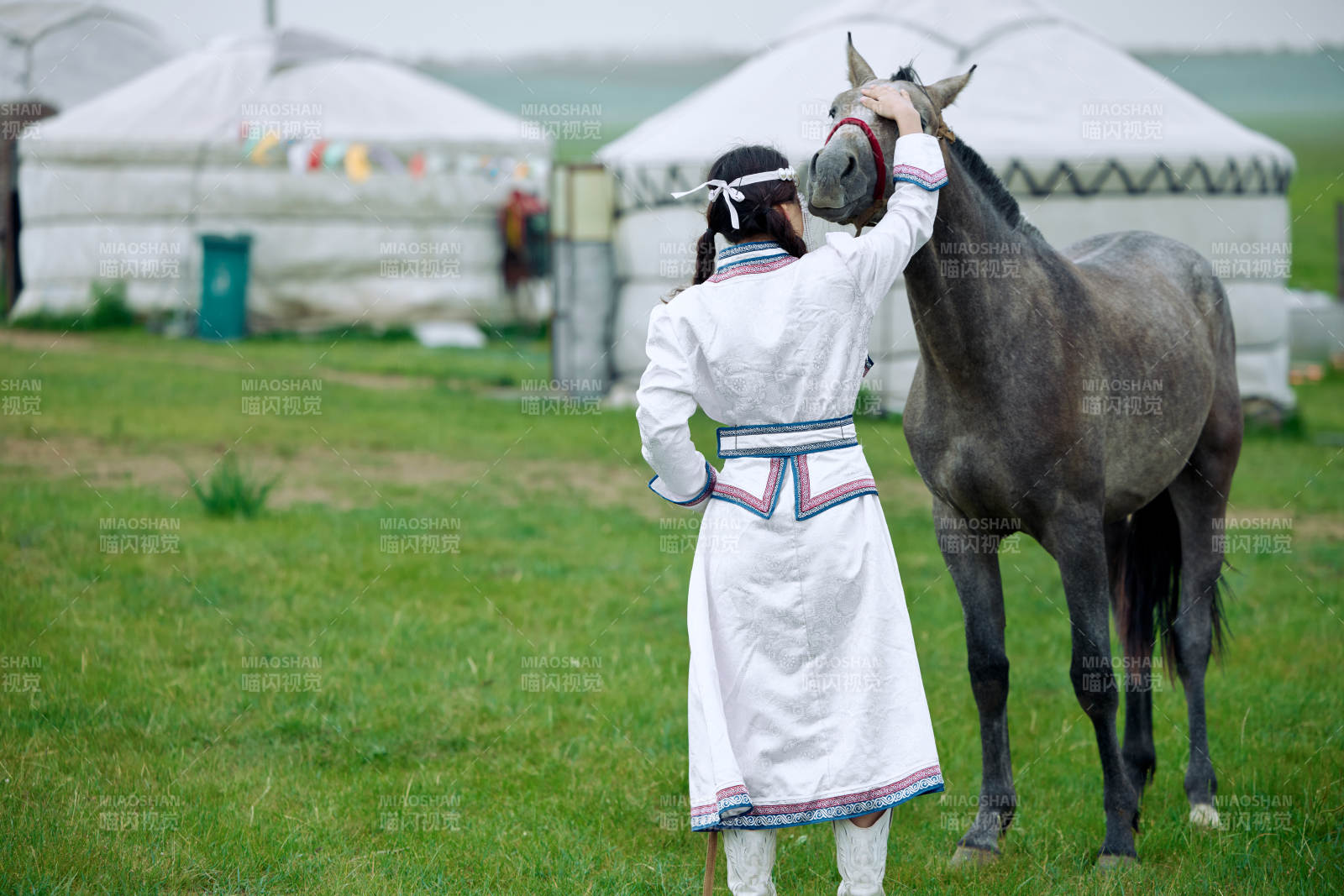 草原上穿着蒙古族服饰牵着马匹的亚洲美女