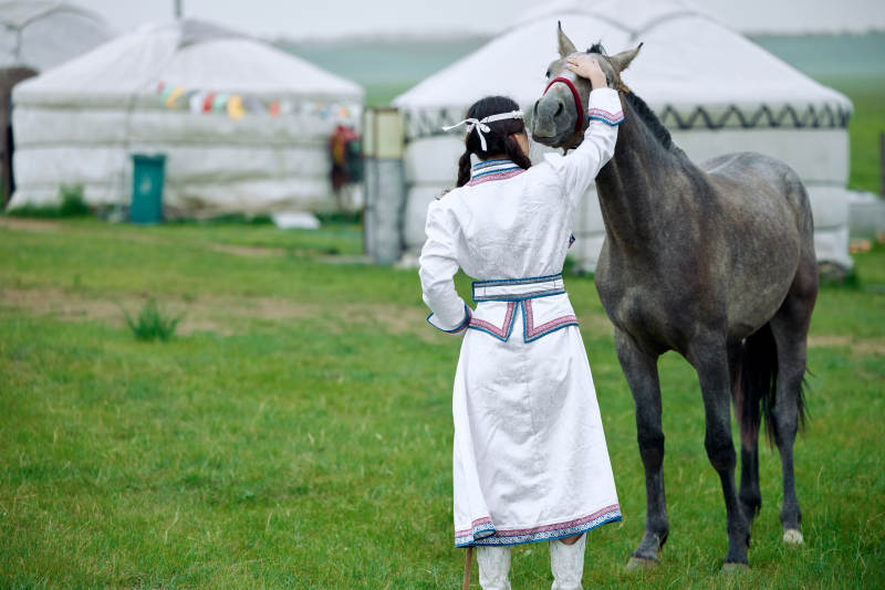 草原上穿着蒙古族服饰牵着马匹的亚洲美女