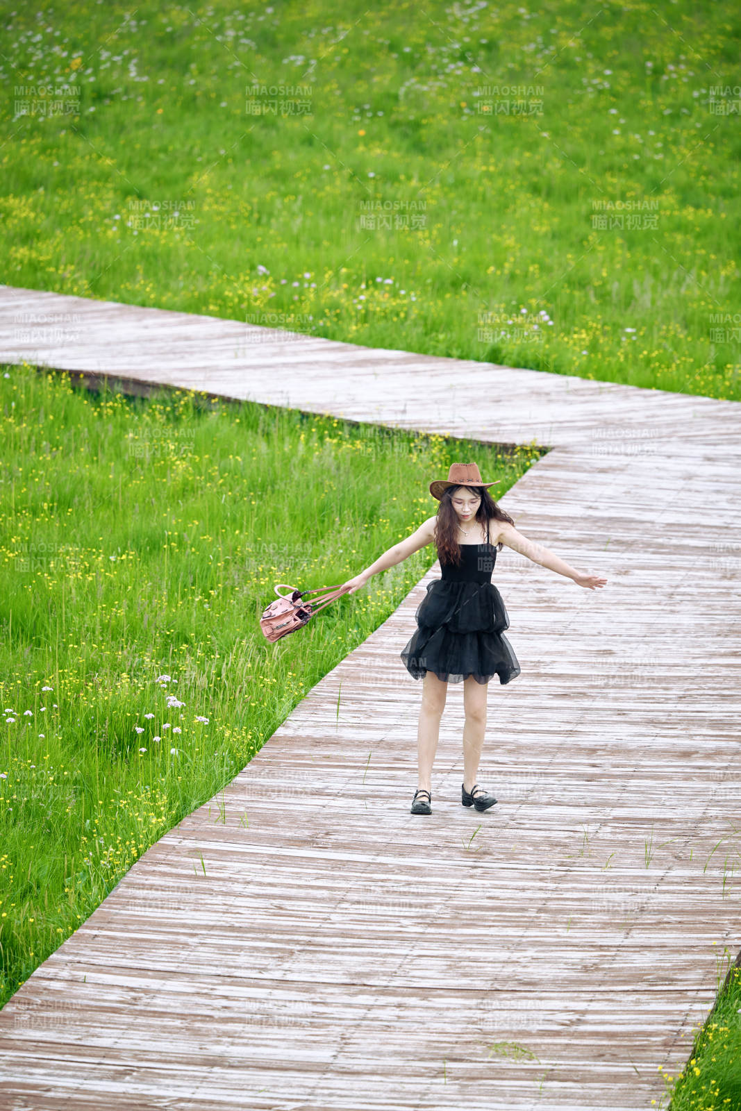 夏季在壩草原草甸拍照打卡的亞洲美女