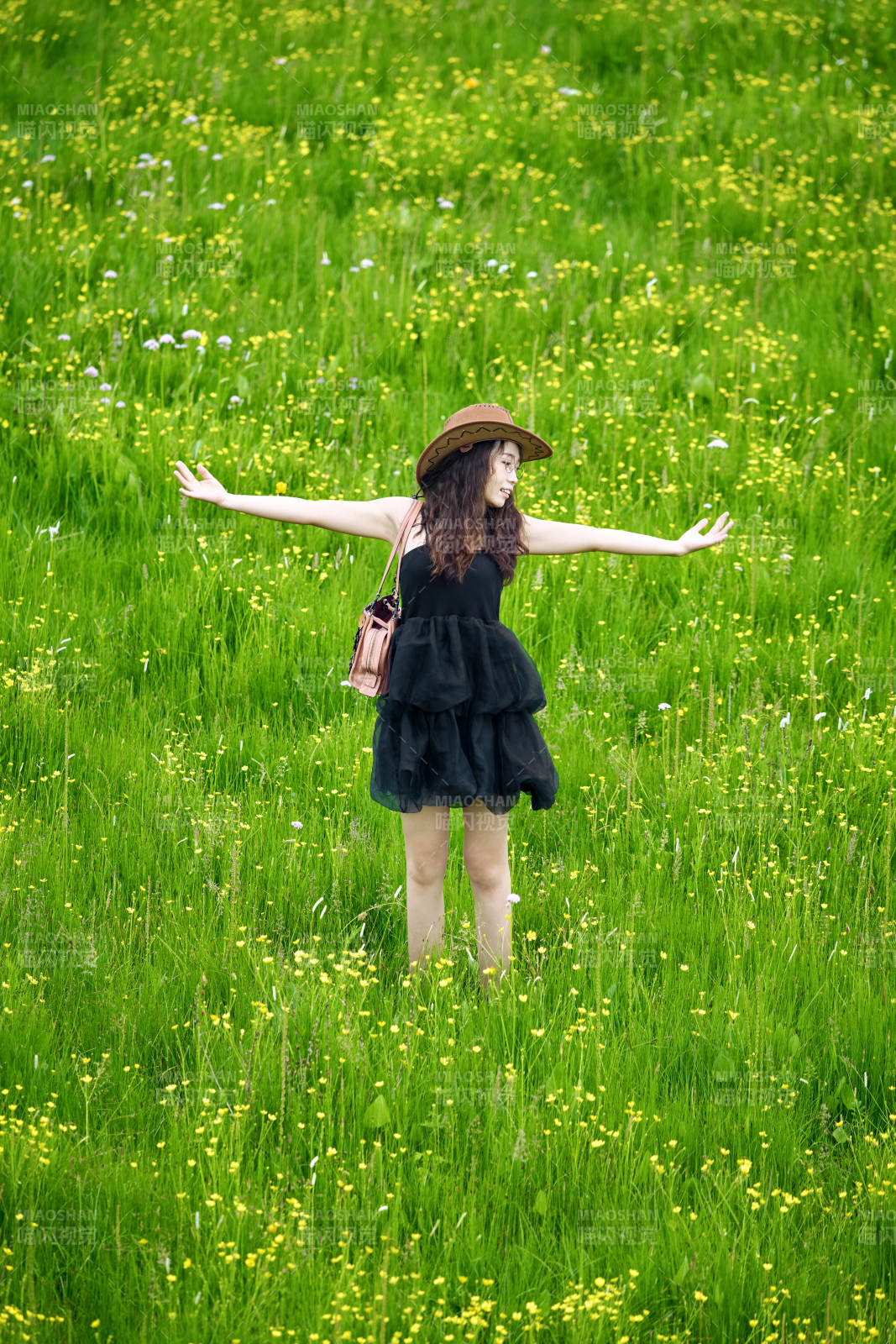 夏季在壩草原草甸拍照打卡的亞洲美女