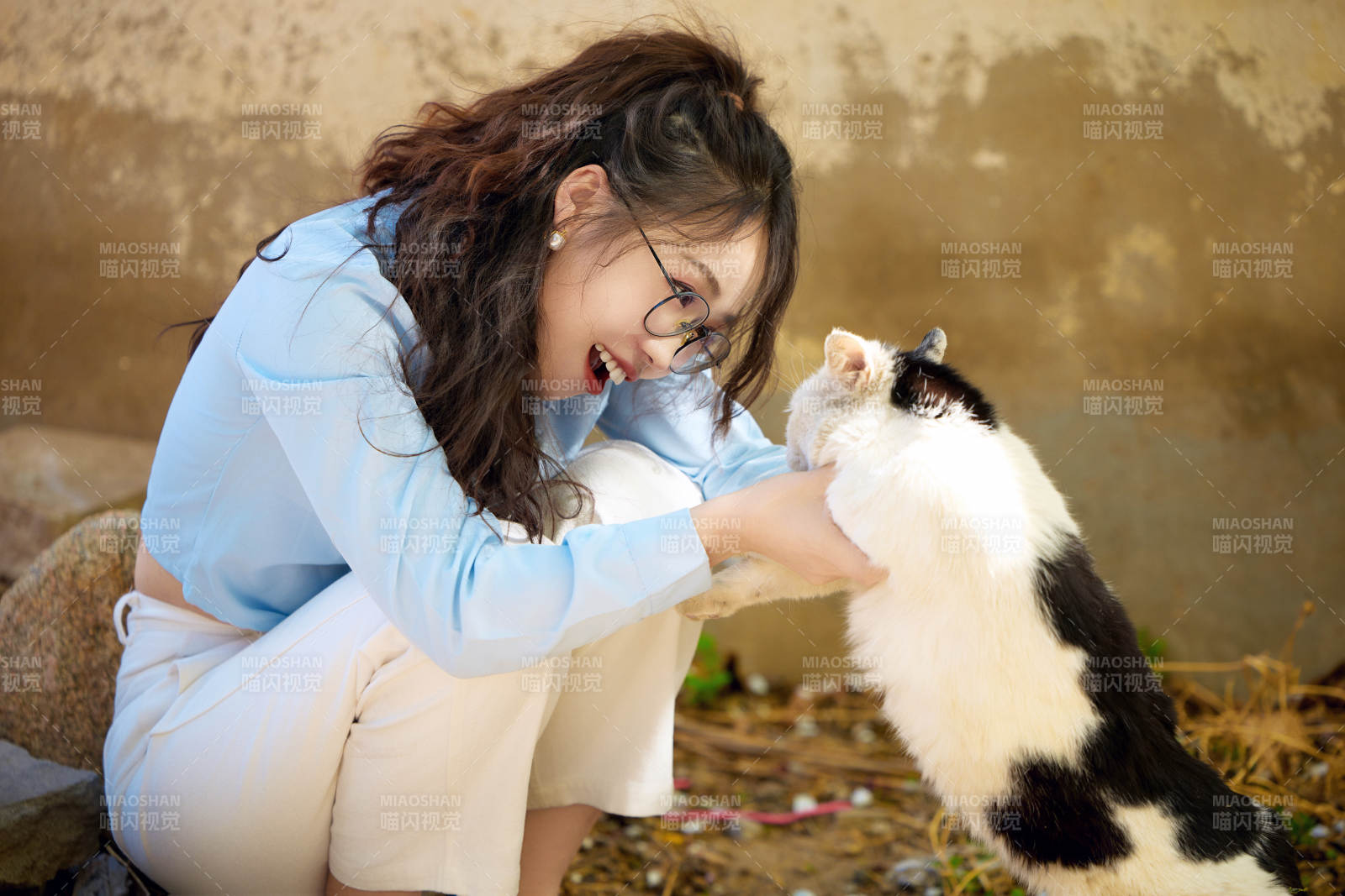 在小区里投喂流浪猫咪的东方女性