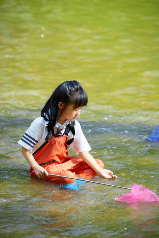 在溪流玩耍捕鱼的可爱亚洲女童