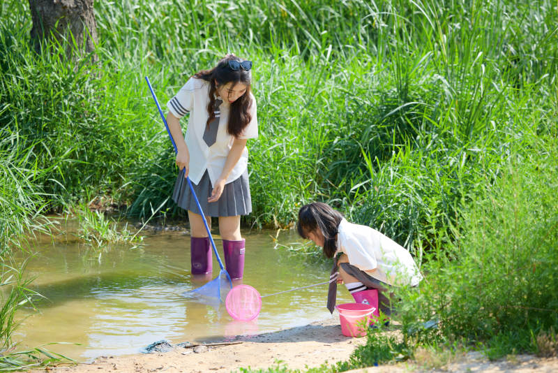 夏天在户外溪流捕捉鱼虾的母女亲子