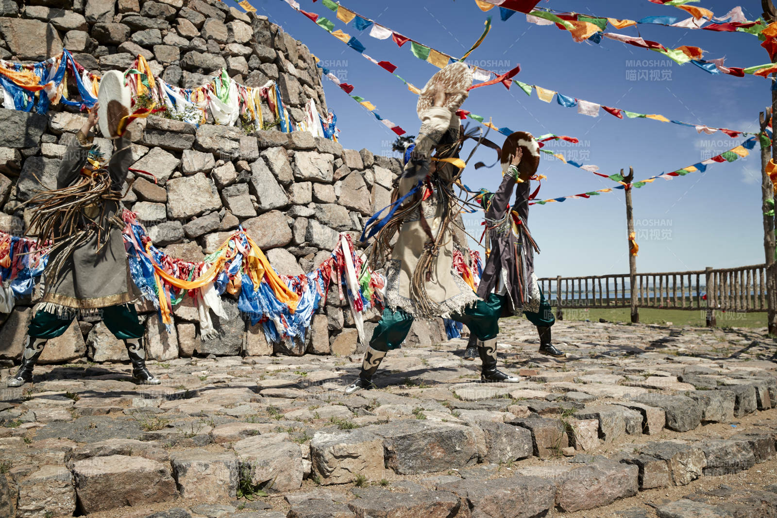 草原上的蒙古萨满祭祀表演的舞蹈舞者