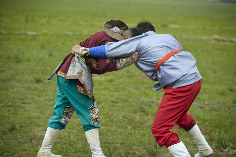 草原那达慕大会上的蒙古摔跤手