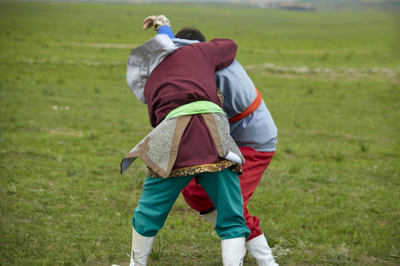 草原那达慕大会上的蒙古摔跤手