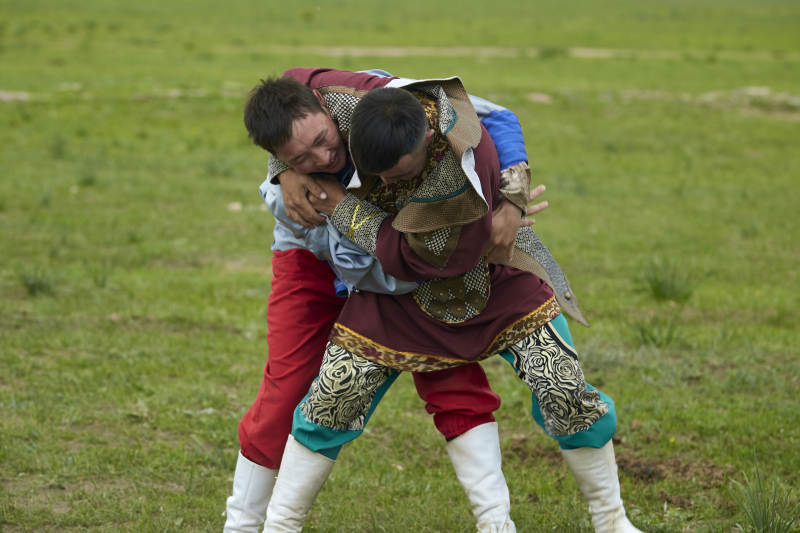 草原那达慕大会上的蒙古摔跤手