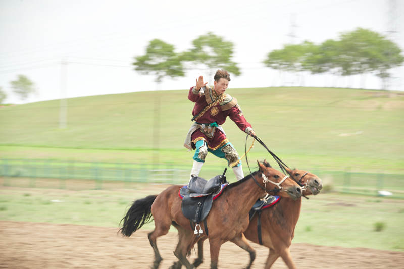 河北省沽源县库伦淖尔景区的蒙古马术表演