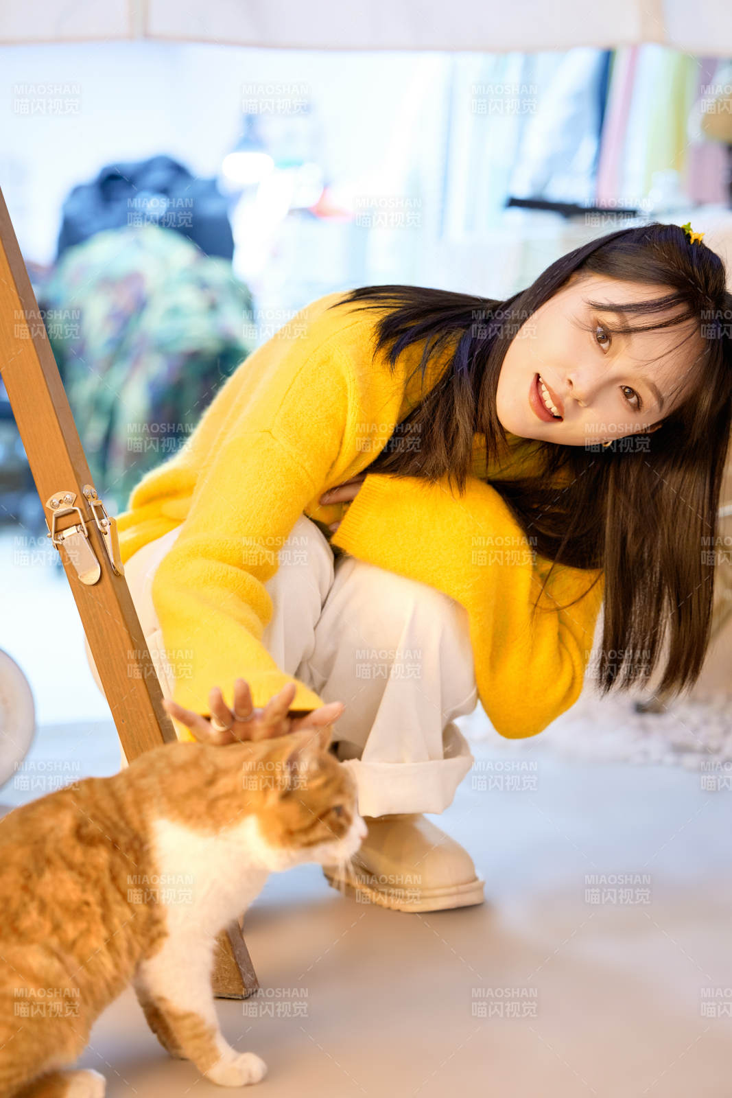 假日在貓咖啡店與貓咪嬉戲的亞洲美女