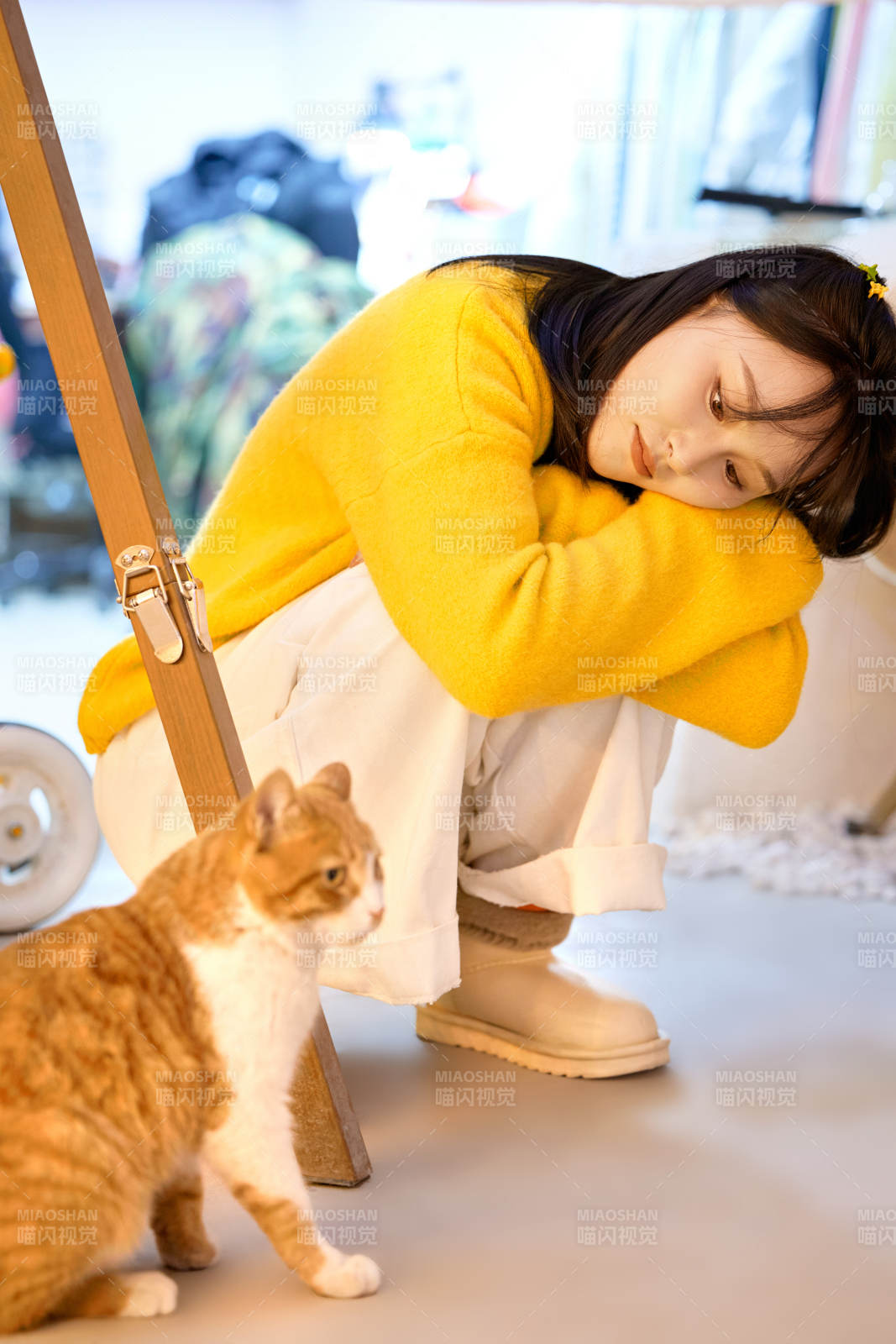 假日在猫咖啡店与猫咪嬉戏的亚洲美女