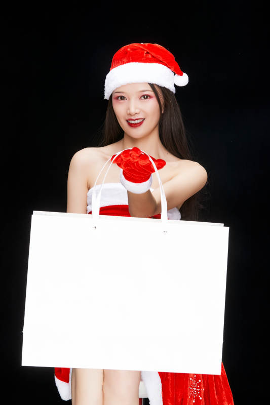身穿圣诞服饰手提购物袋性感可爱的圣诞女郎
