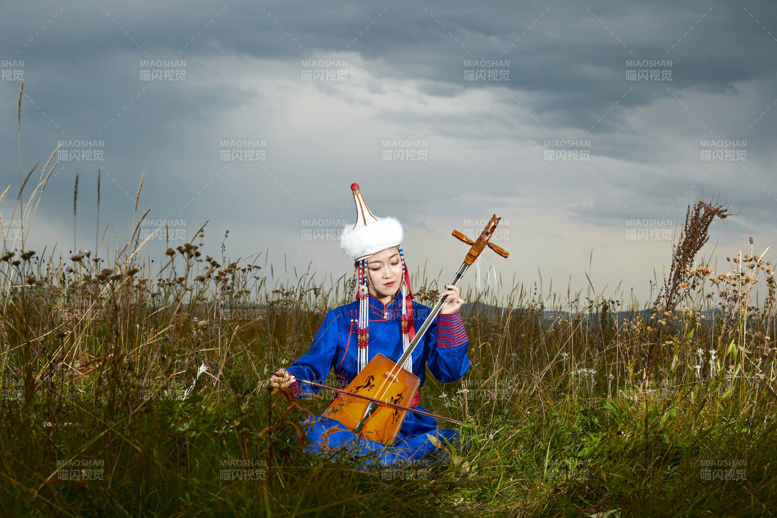 草原上穿蒙古族服饰拉马头琴的蒙族女乐手