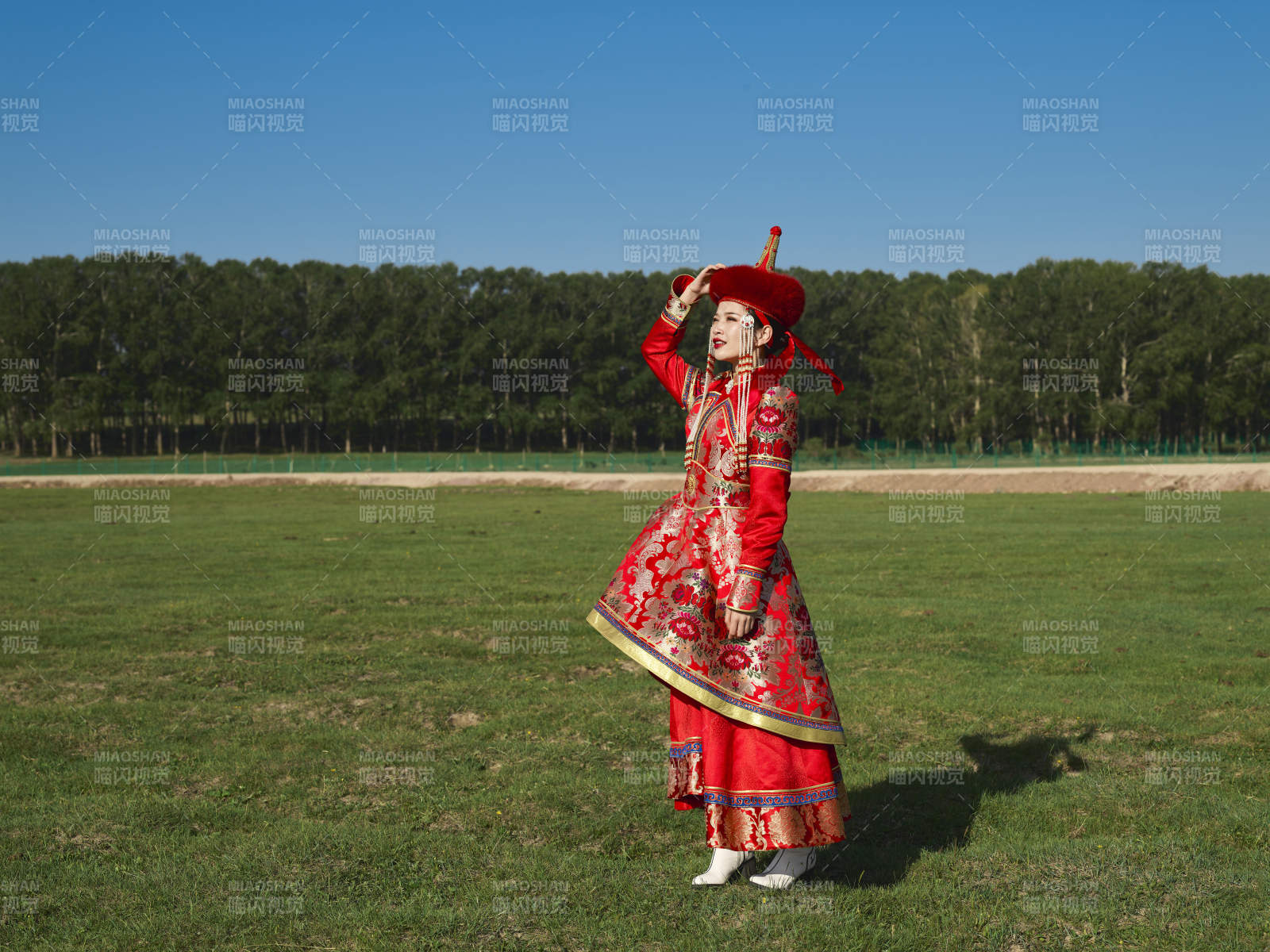 草原上穿著蒙古族傳統服飾的亞洲年輕美少女