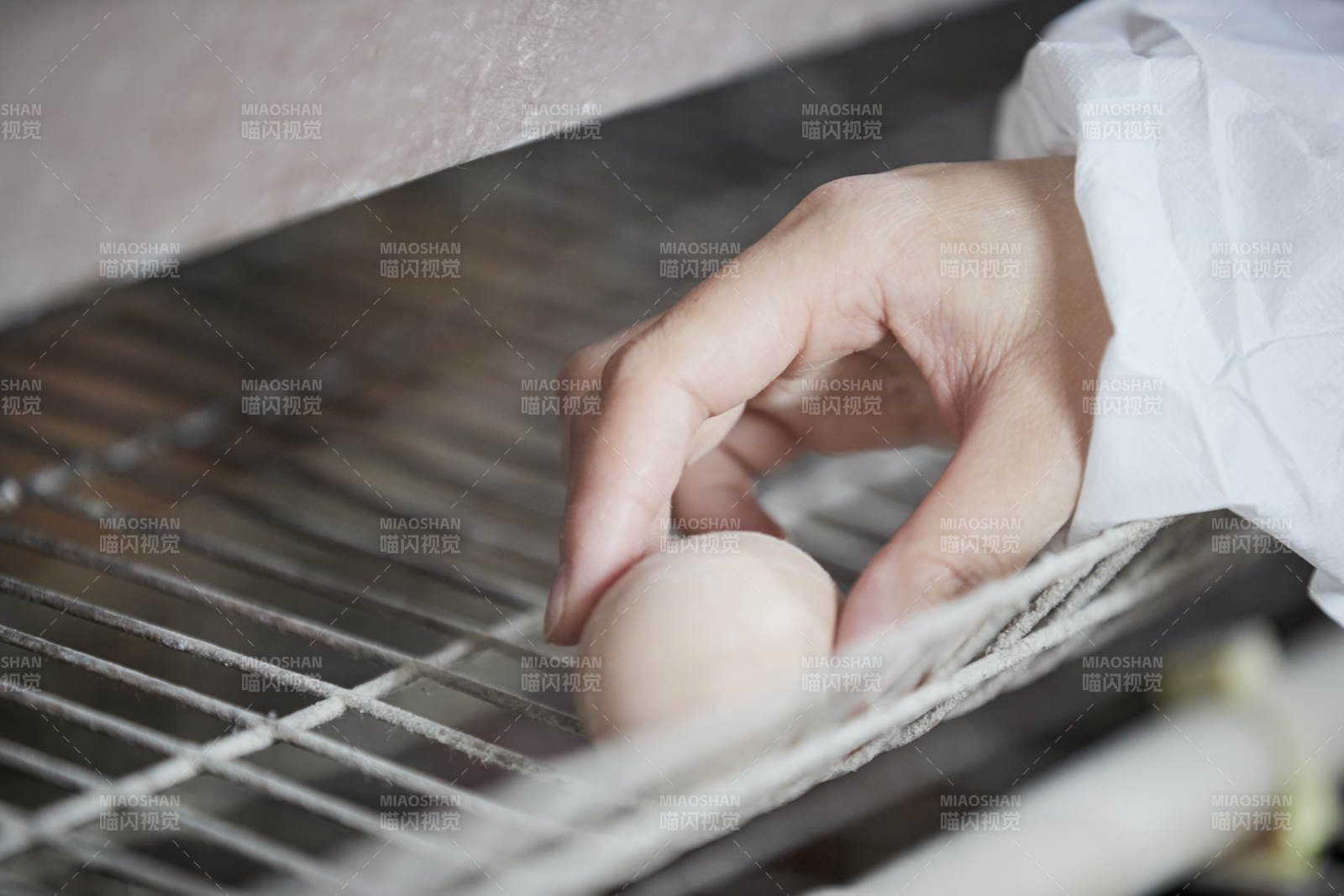 身穿防護服展示油雞蛋的女性飼養員
