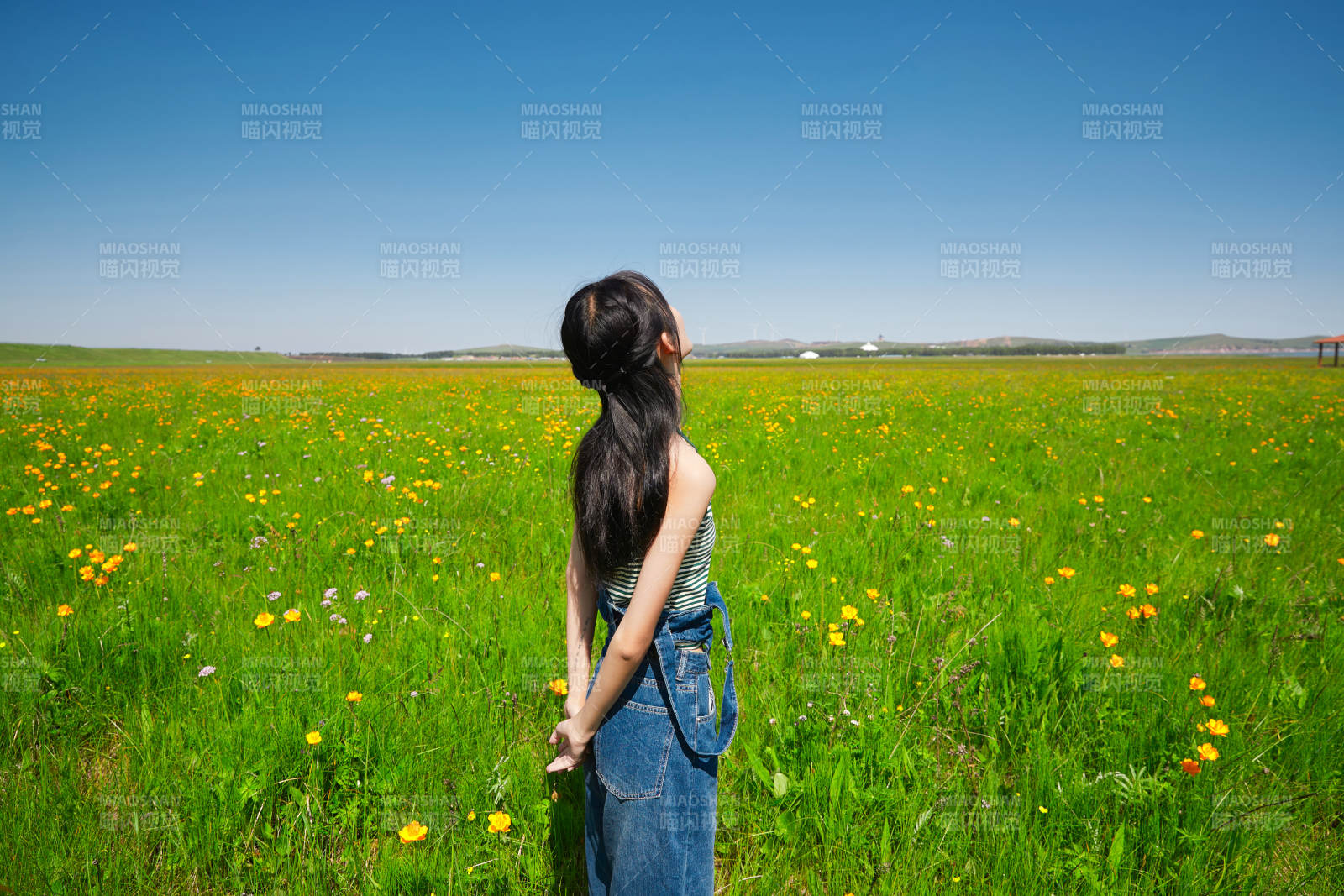 盛夏在草原濕地公園游玩的姑娘