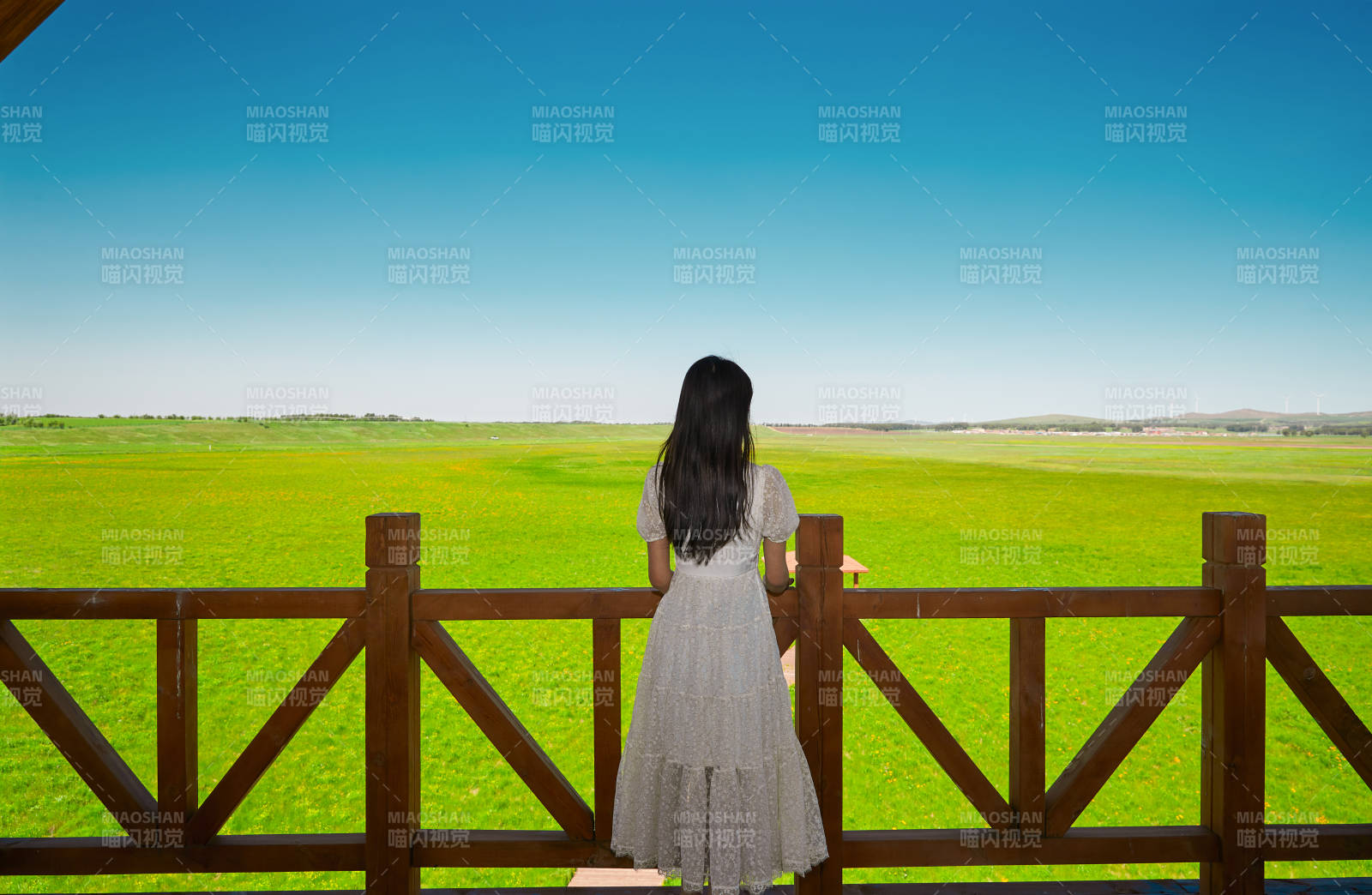 盛夏在草原濕地公園游玩的姑娘