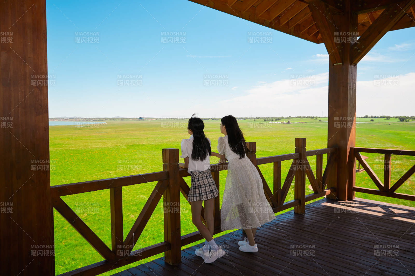 盛夏在草原濕地公園游玩的姑娘