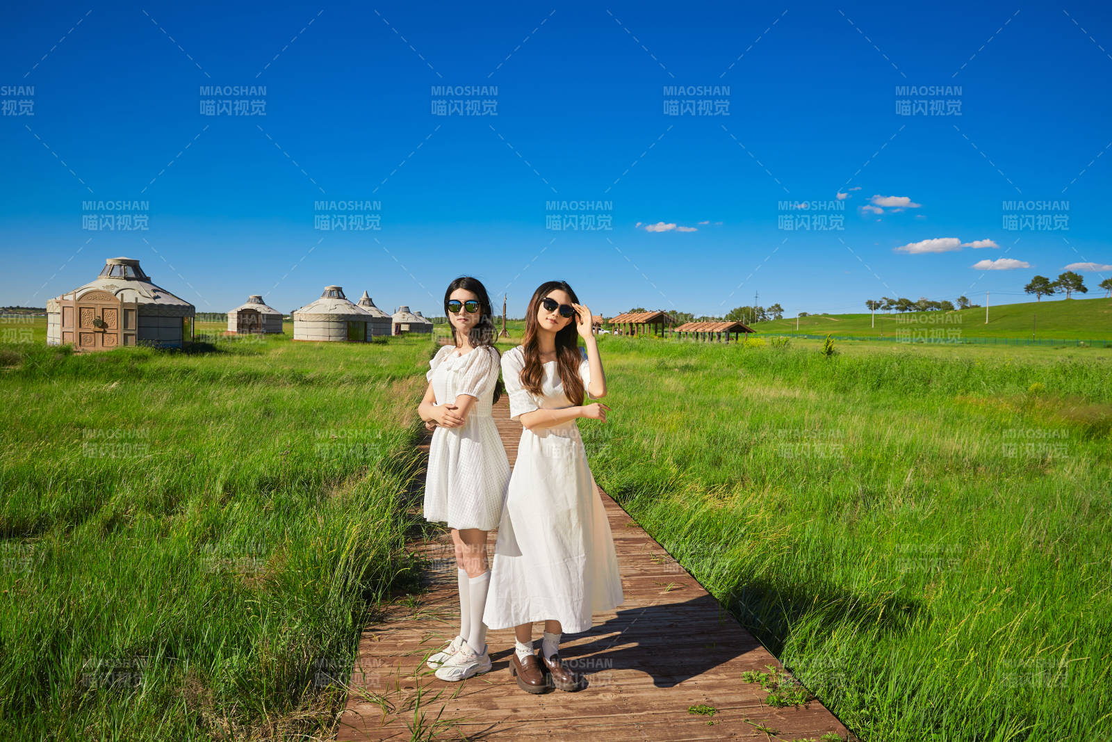 盛夏在草原湿地公园游玩的美女闺蜜