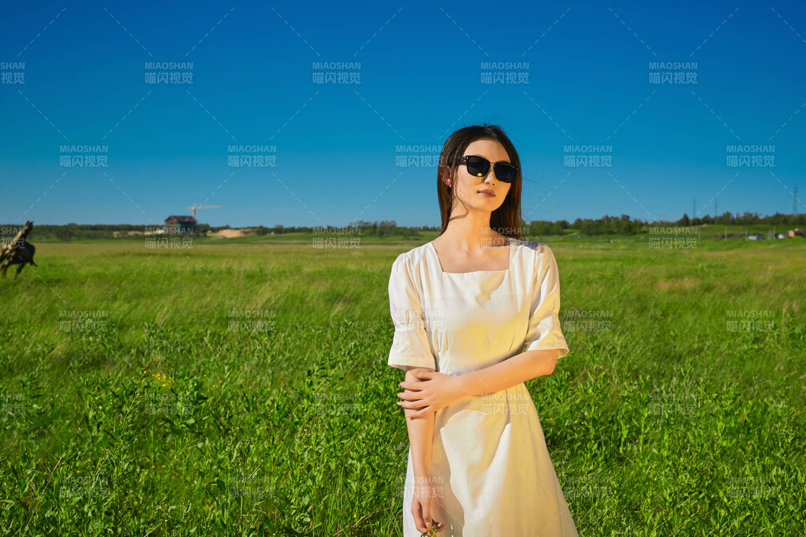 盛夏在草原濕地公園游玩的姑娘