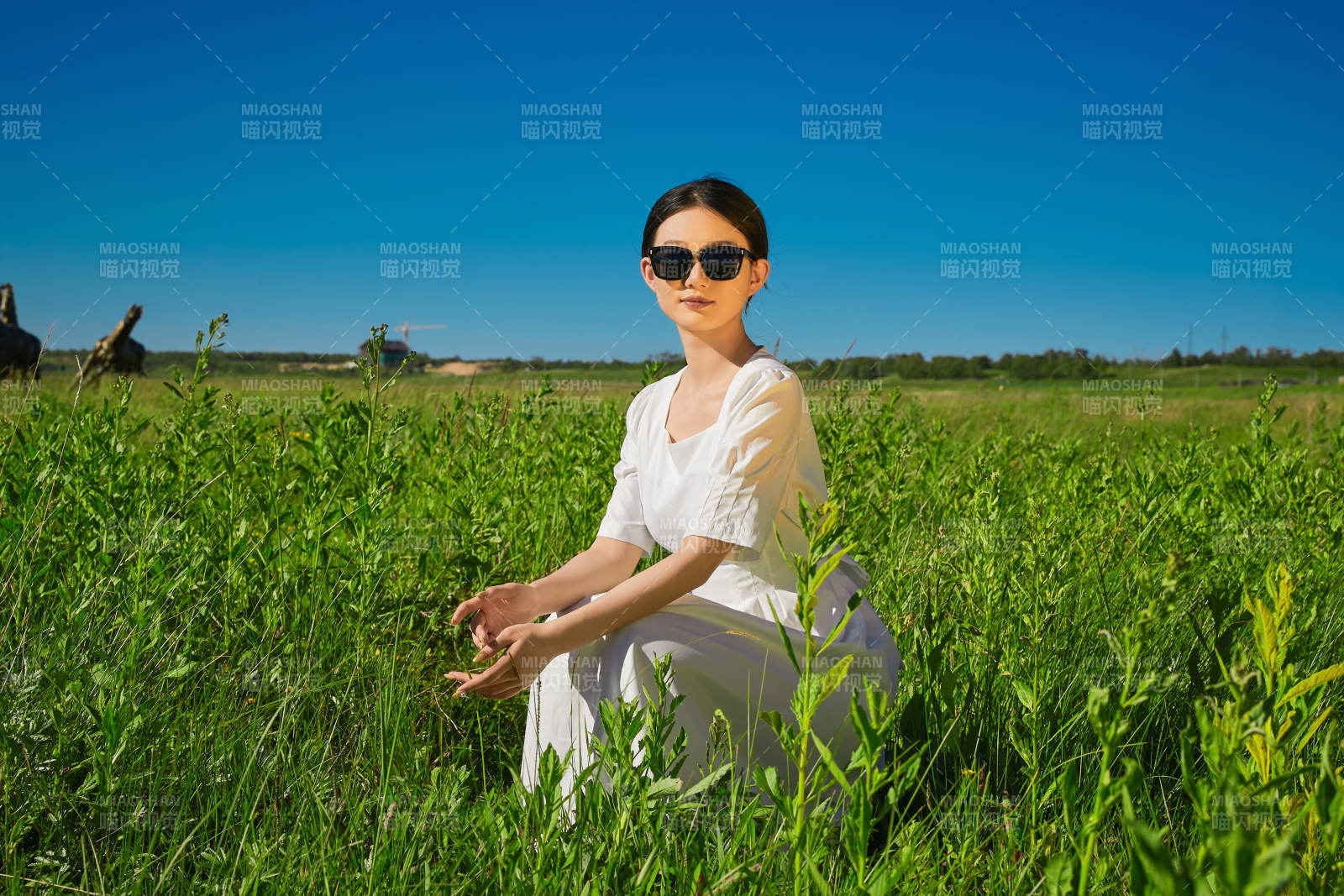 盛夏在草原湿地公园游玩的姑娘图片