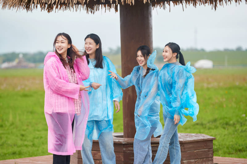 阴雨天在草原花海拍照的闺蜜四人