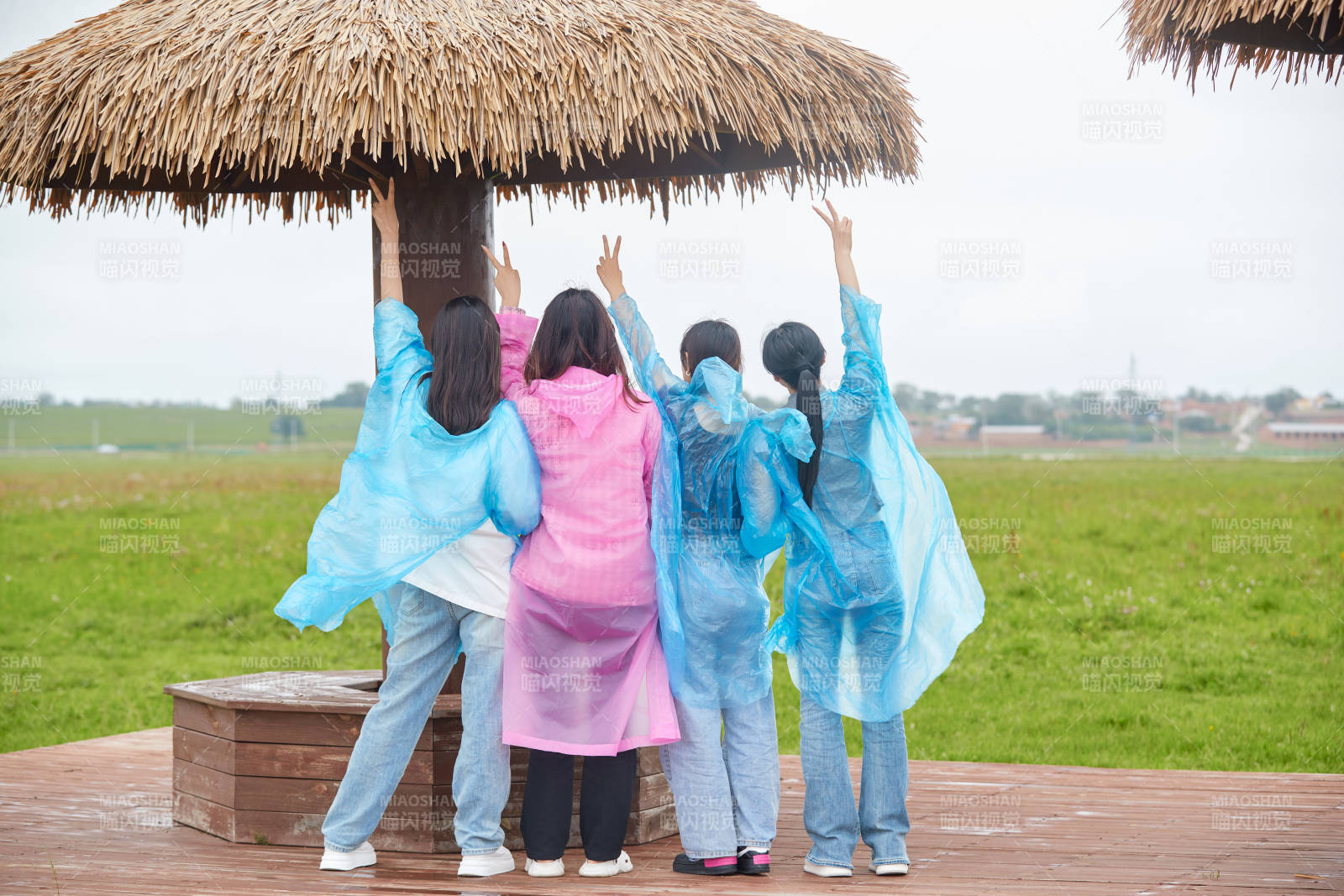 阴雨天在草原花海拍照的闺蜜四人