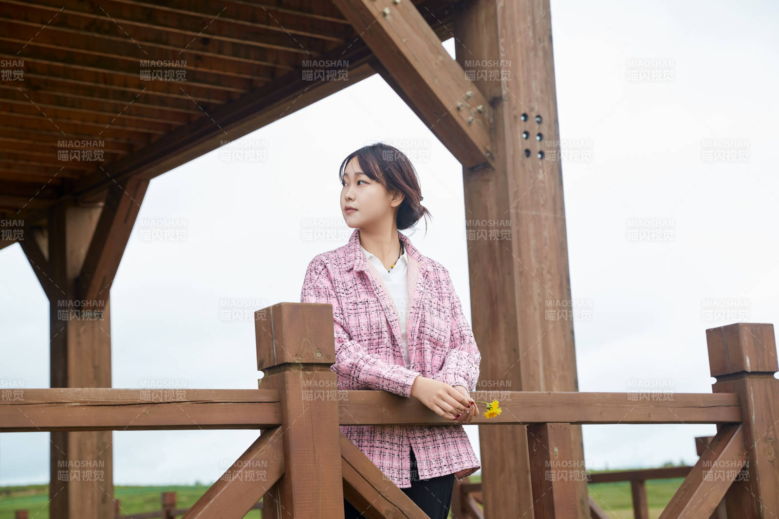 盛夏在草原花海拍照游玩的美女