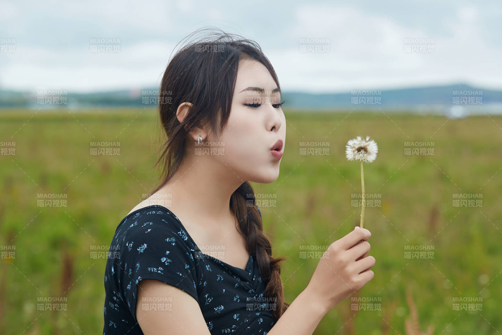 盛夏在草原花海拍照游玩的美女