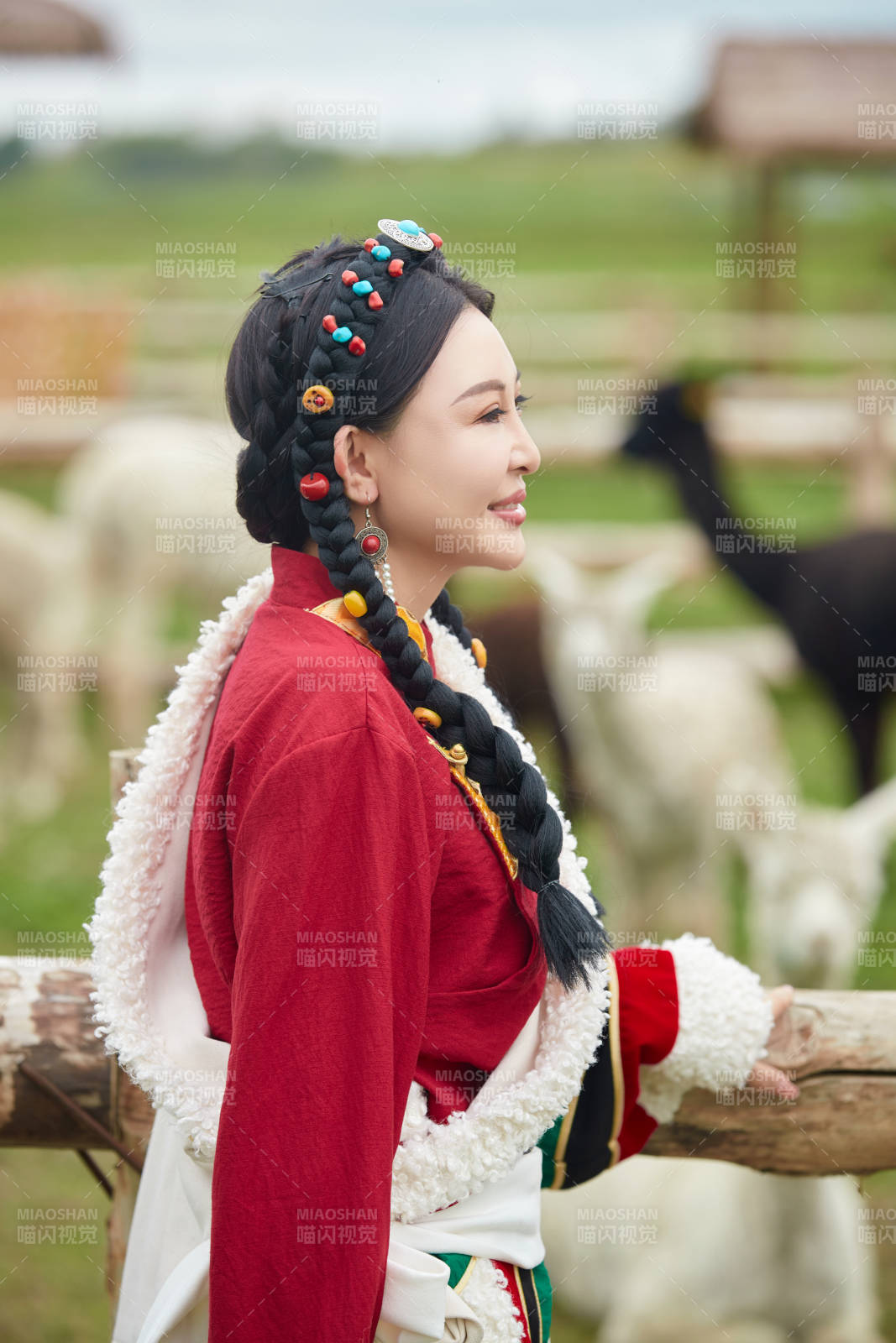 身穿藏族服饰在草原景区拍照的美女