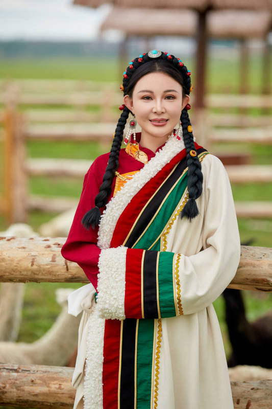 穿藏族服饰的姑娘在羊驼饲养基地拍照