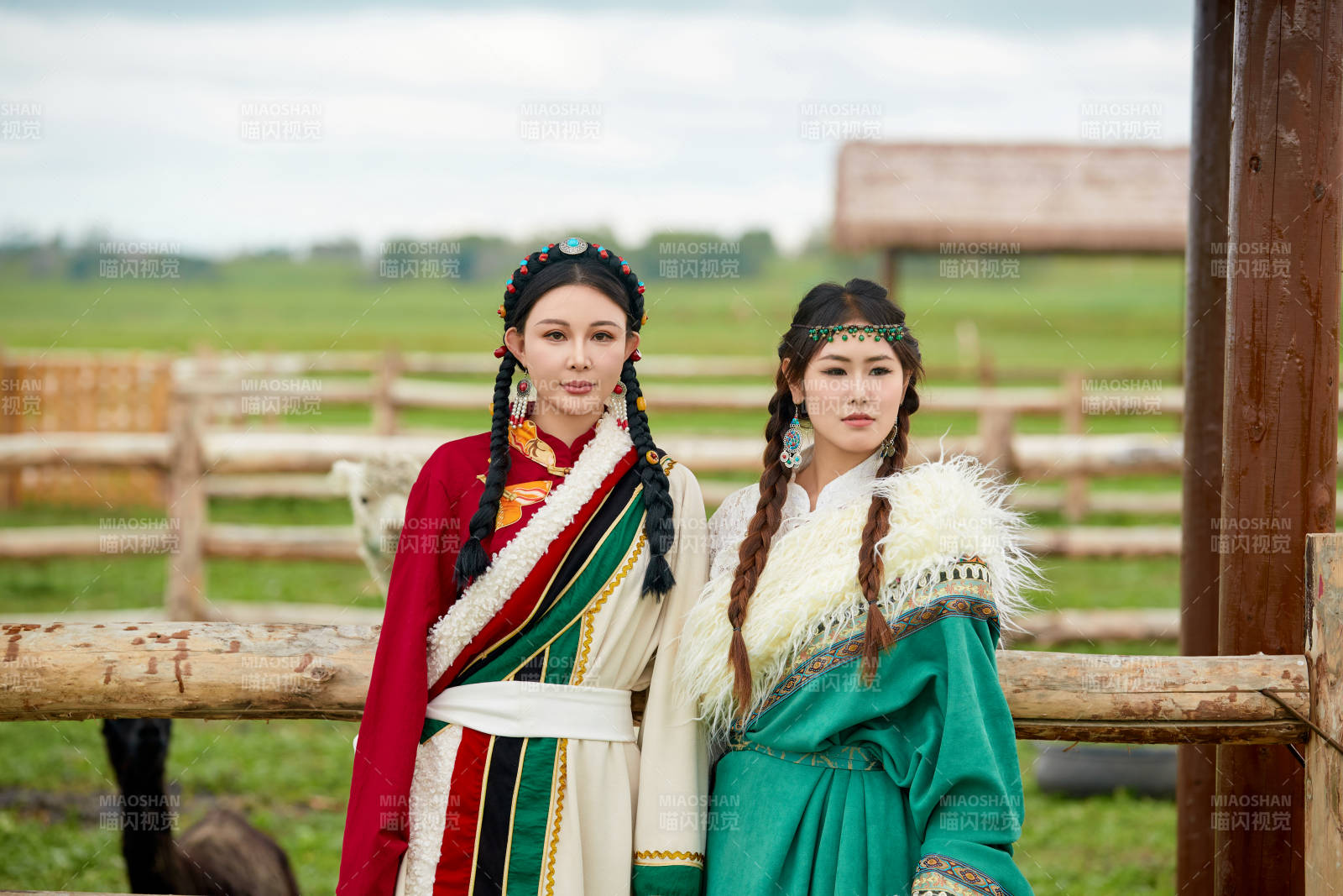 身穿藏族服饰的闺蜜在羊驼饲养基地拍照