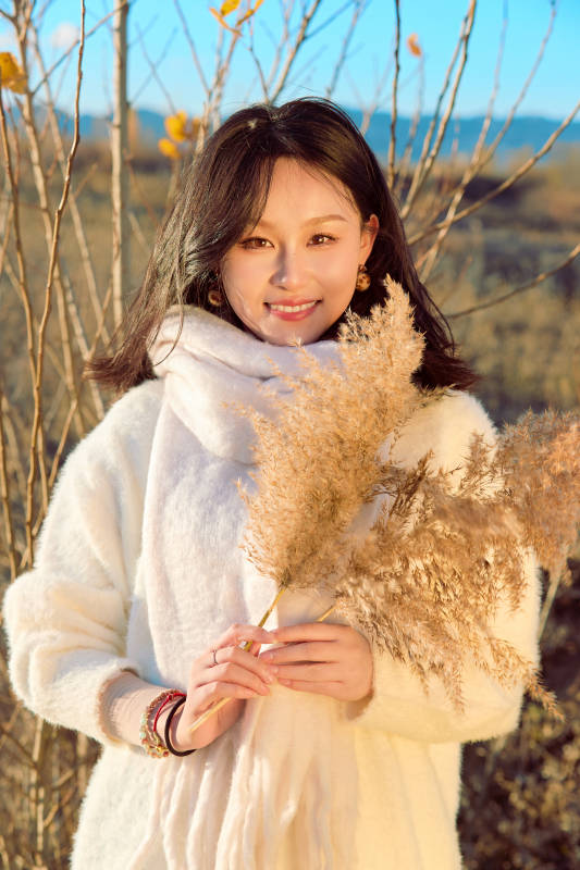 秋天午后在金灿灿的芦苇荡里的亚洲美女