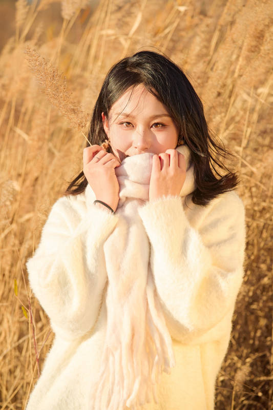 秋天午后在金灿灿的芦苇荡里的亚洲美女