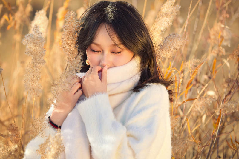 秋天午后在金灿灿的芦苇荡里的亚洲美女
