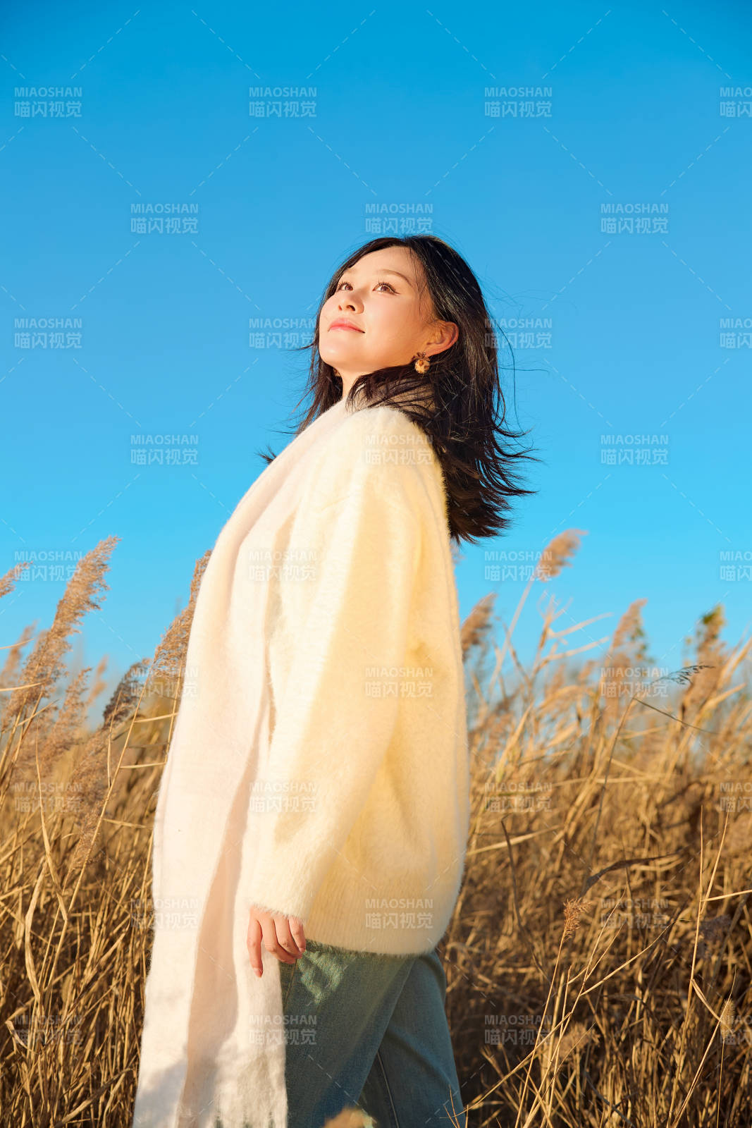 秋天晴朗的午后在芦苇荡里起舞的美女