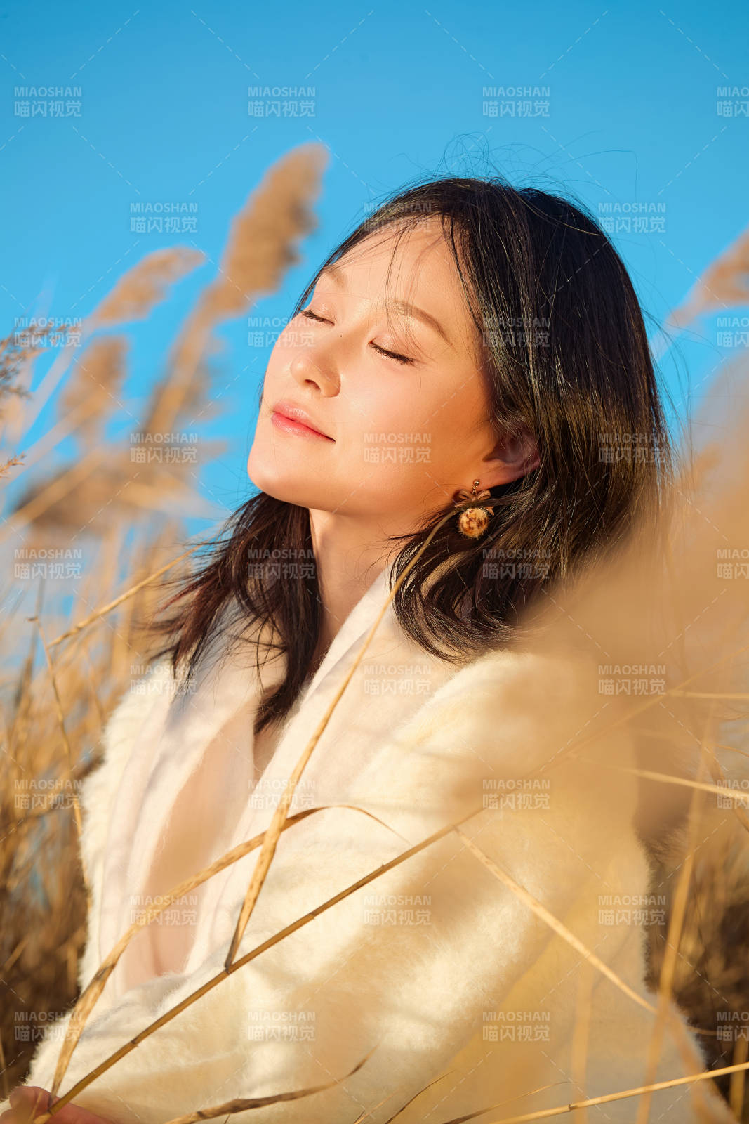 秋天晴朗的午后在芦苇荡里起舞的美女