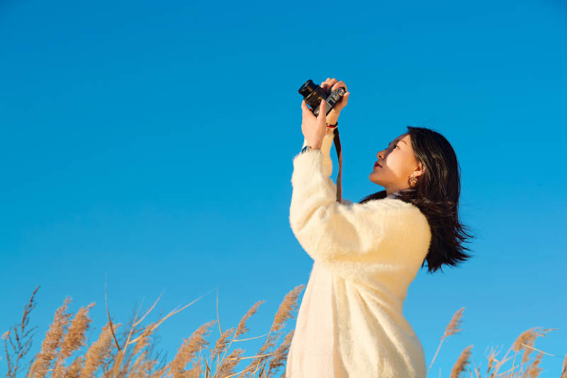 秋天晴朗的午后在芦苇荡里拍照的女性摄影师