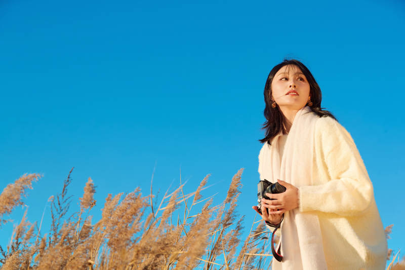 秋天晴朗的午后在芦苇荡里拍照的女性摄影师