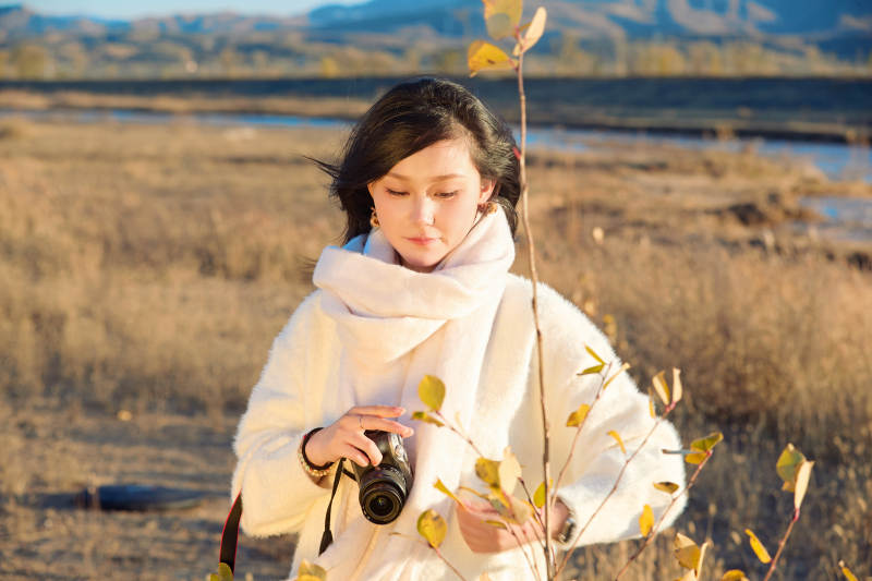 秋天晴朗的午后在芦苇荡里拍照的女性摄影师