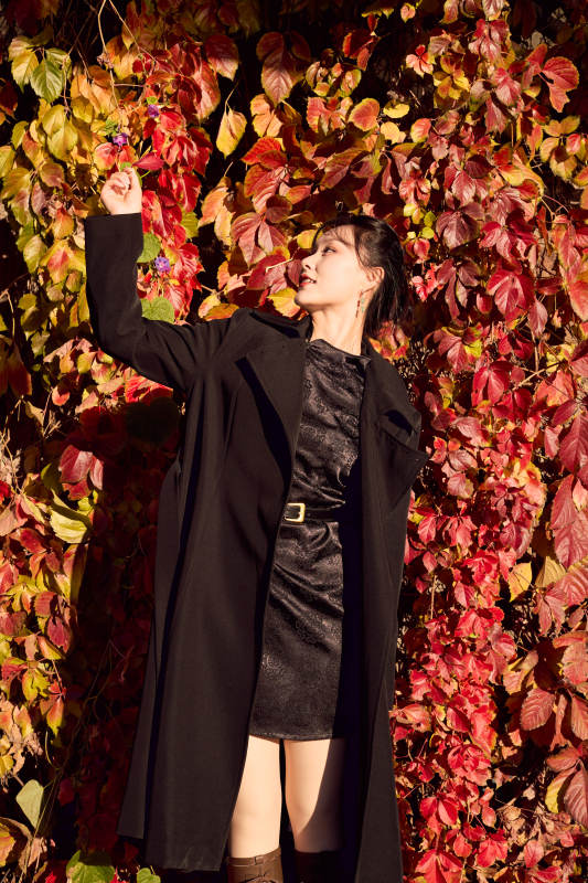 秋天在红叶遍布的河边拍照的亚洲女性