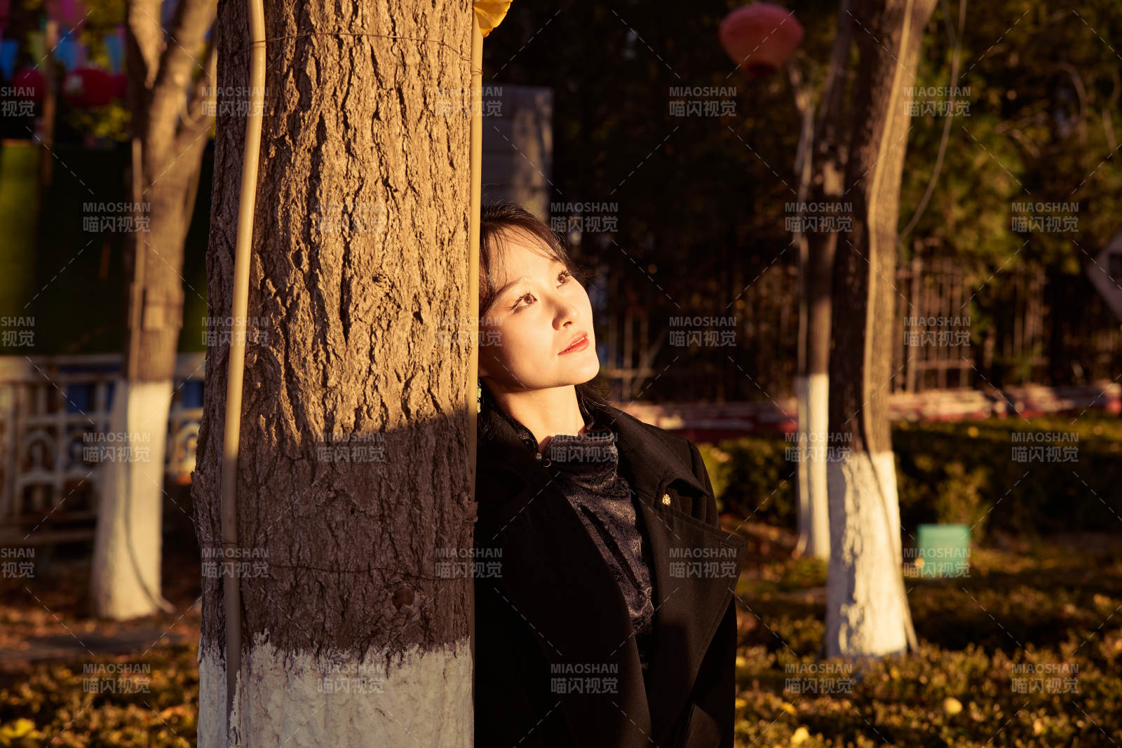 秋季午后在公园里享受阳光的东方美女