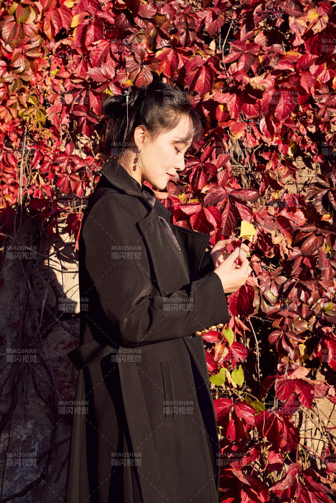 秋天在红叶遍布的河边拍照的亚洲女性