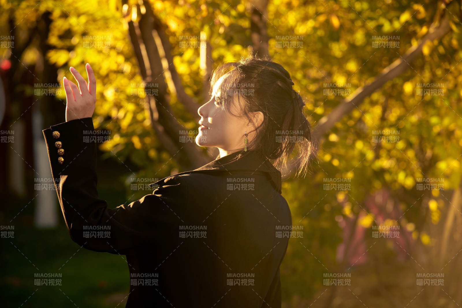 阳光明媚的午后在公园树林拍照的美女