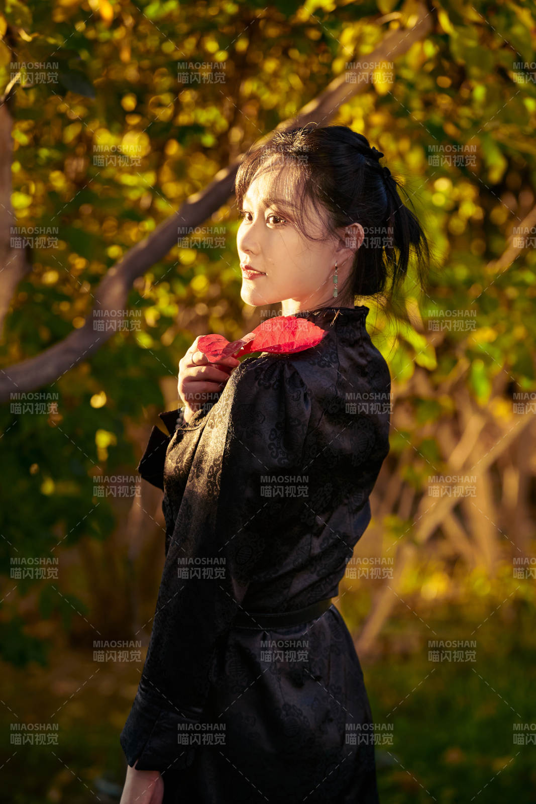 阳光明媚的午后在公园树林拍照的美女