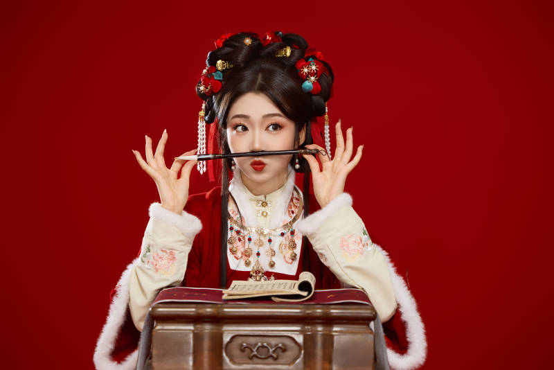 红色背景下身穿喜庆汉服认真学习的中国美女