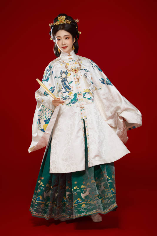 红色背景下穿着中国明朝明制汉服服饰的少女