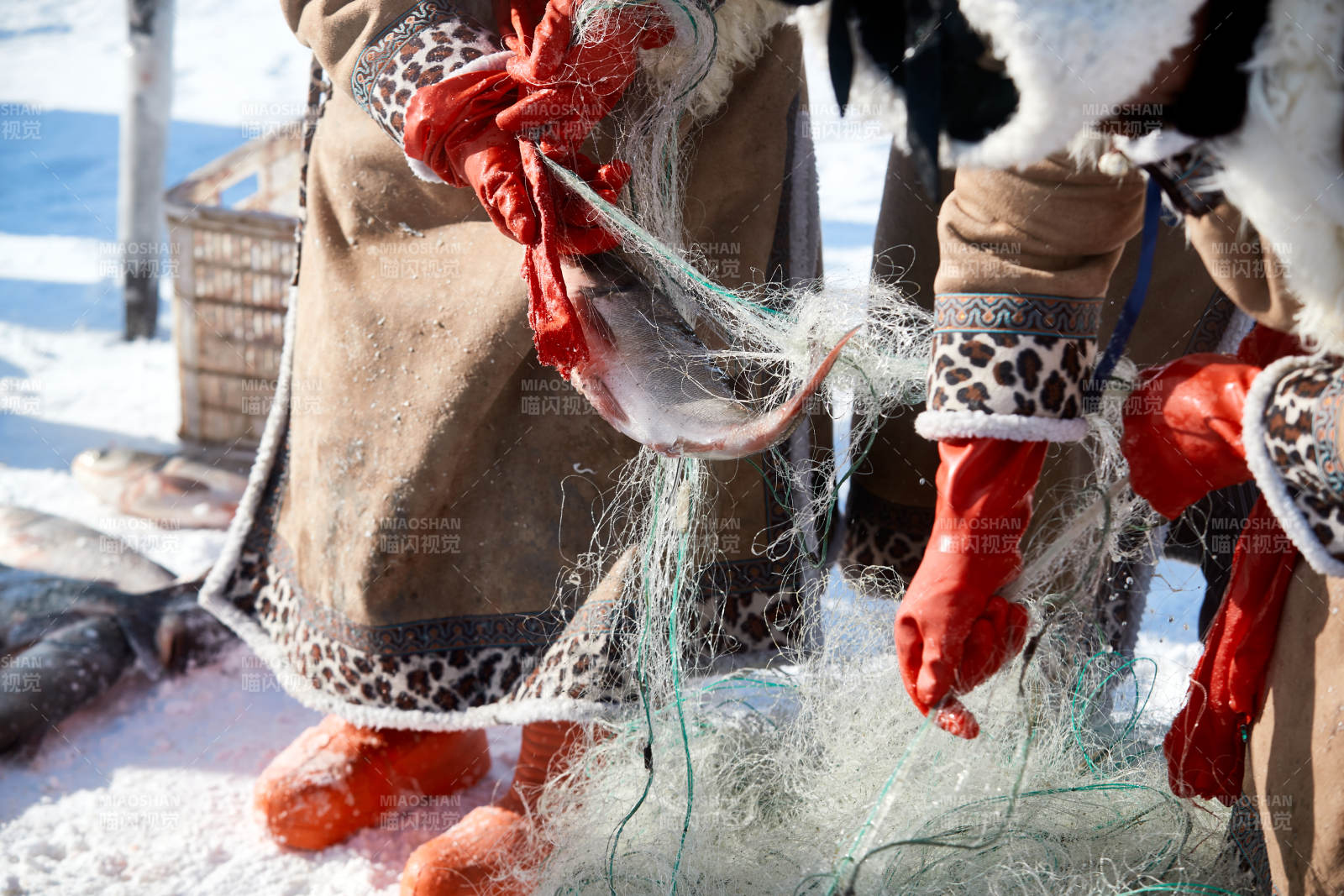 寒冷的冬季在冰凍的湖面上鑿冰捕魚(yú)