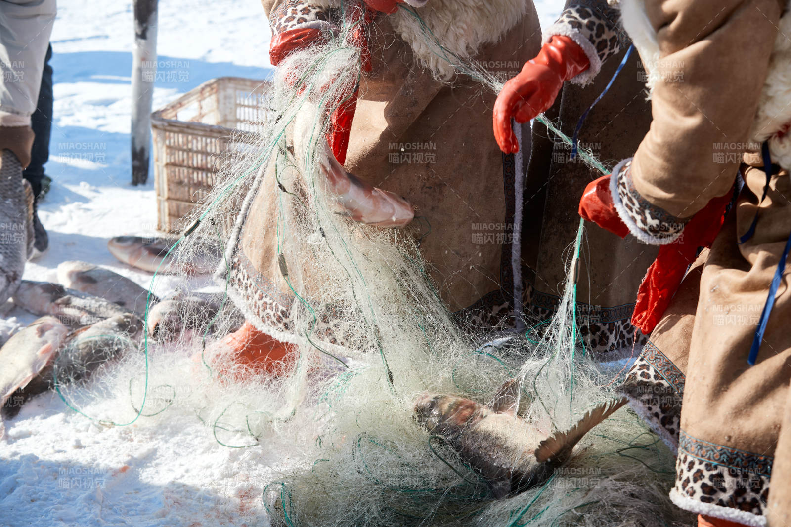 寒冷的冬季在冰凍的湖面上鑿冰捕魚