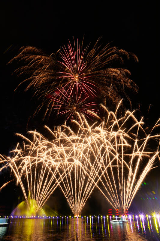 旅游景区湖面绽放的绚丽烟花礼花竖图